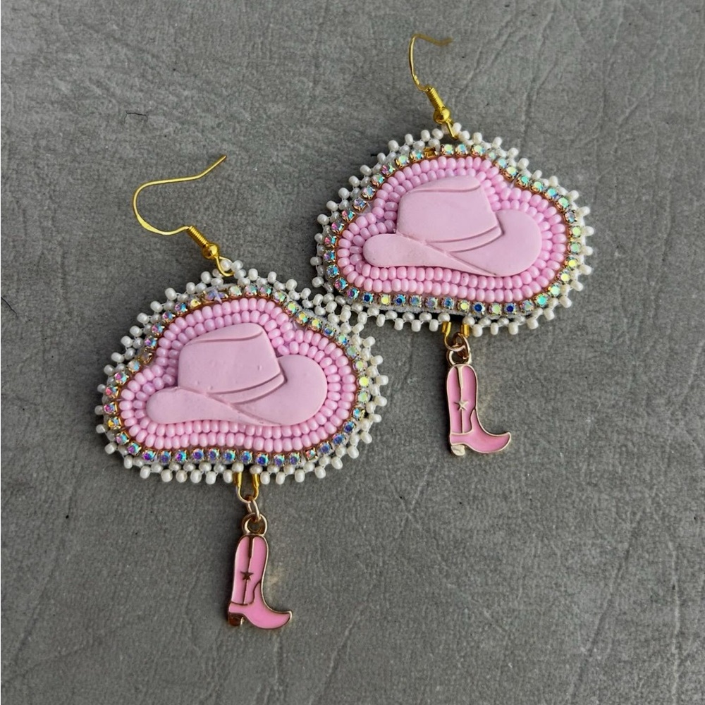 Pink Beaded Cowboy Hat Earrings